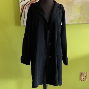 Talbots Classic Black Trench Coat hooded swing back 100% poly